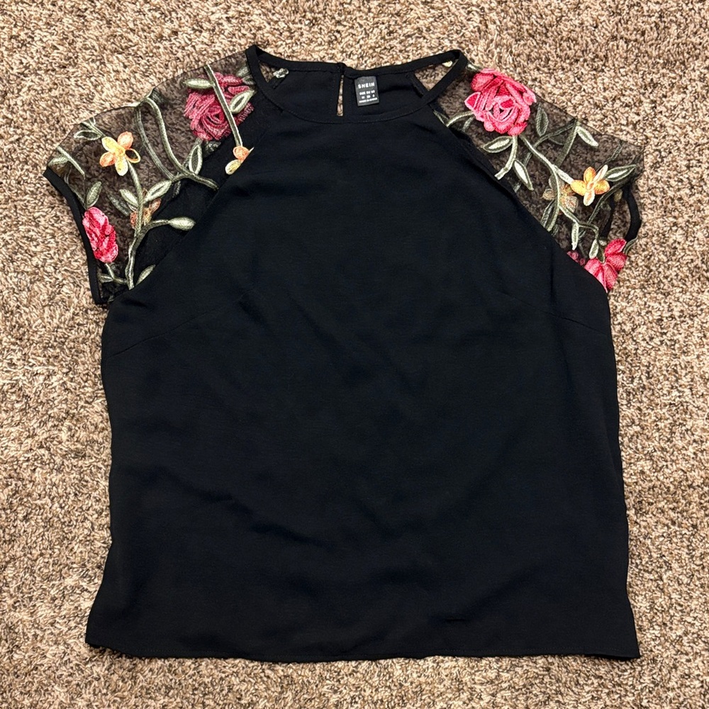 SHEIN Black Blouse with Vibrant Floral Sleeves